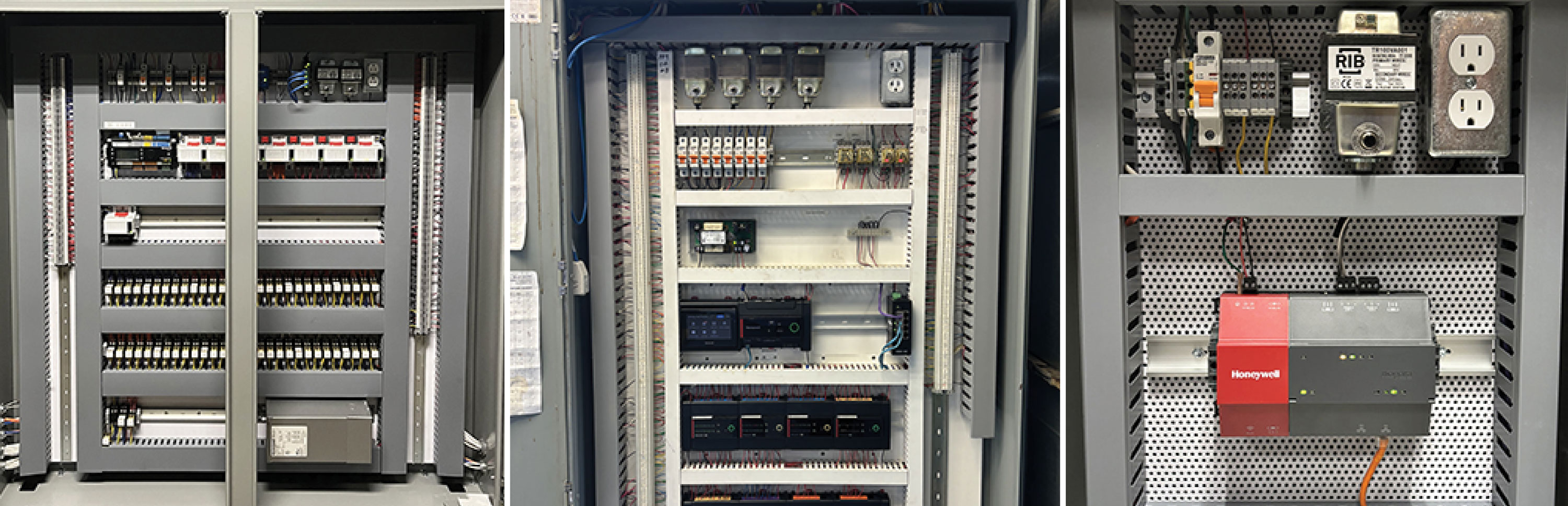 Building automation control panel with active system indicators installed by Herman Goldner Co., Inc. for HVAC monitoring and integration.