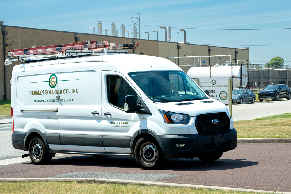 Herman Goldner Co., Inc. mechanical construction and service vehicle equipped for 24/7 commercial and industrial HVAC, plumbing, and process piping support.