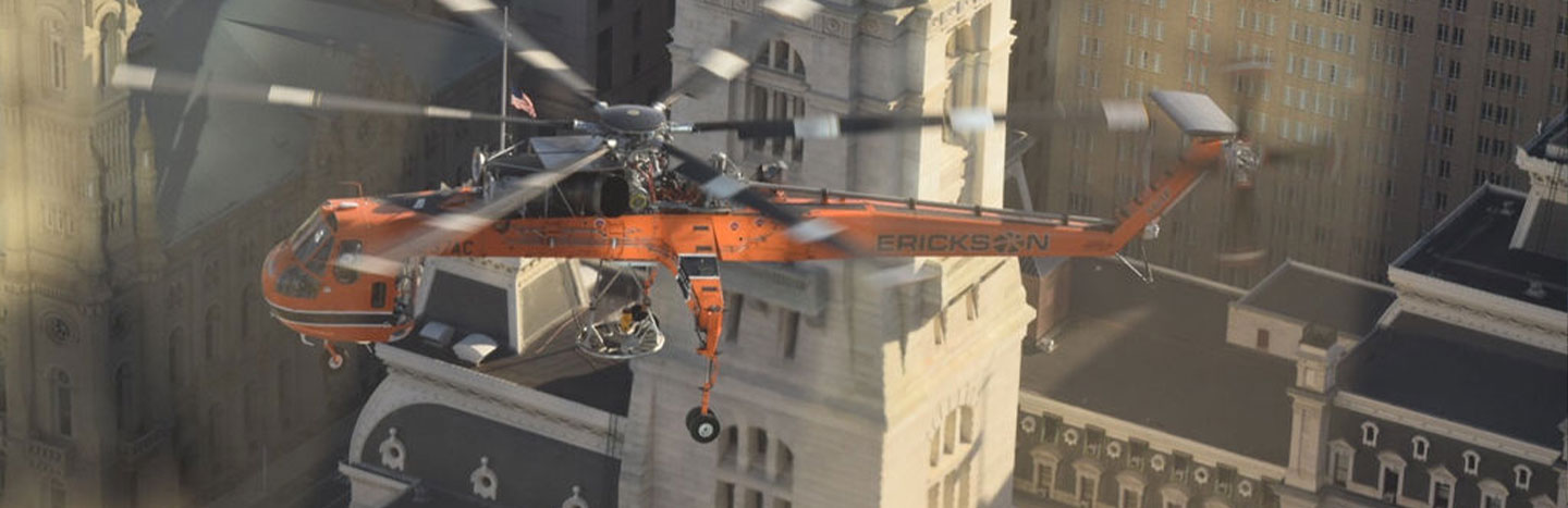 Helicopter lifting a cooling tower section above Centre Square, Philadelphia