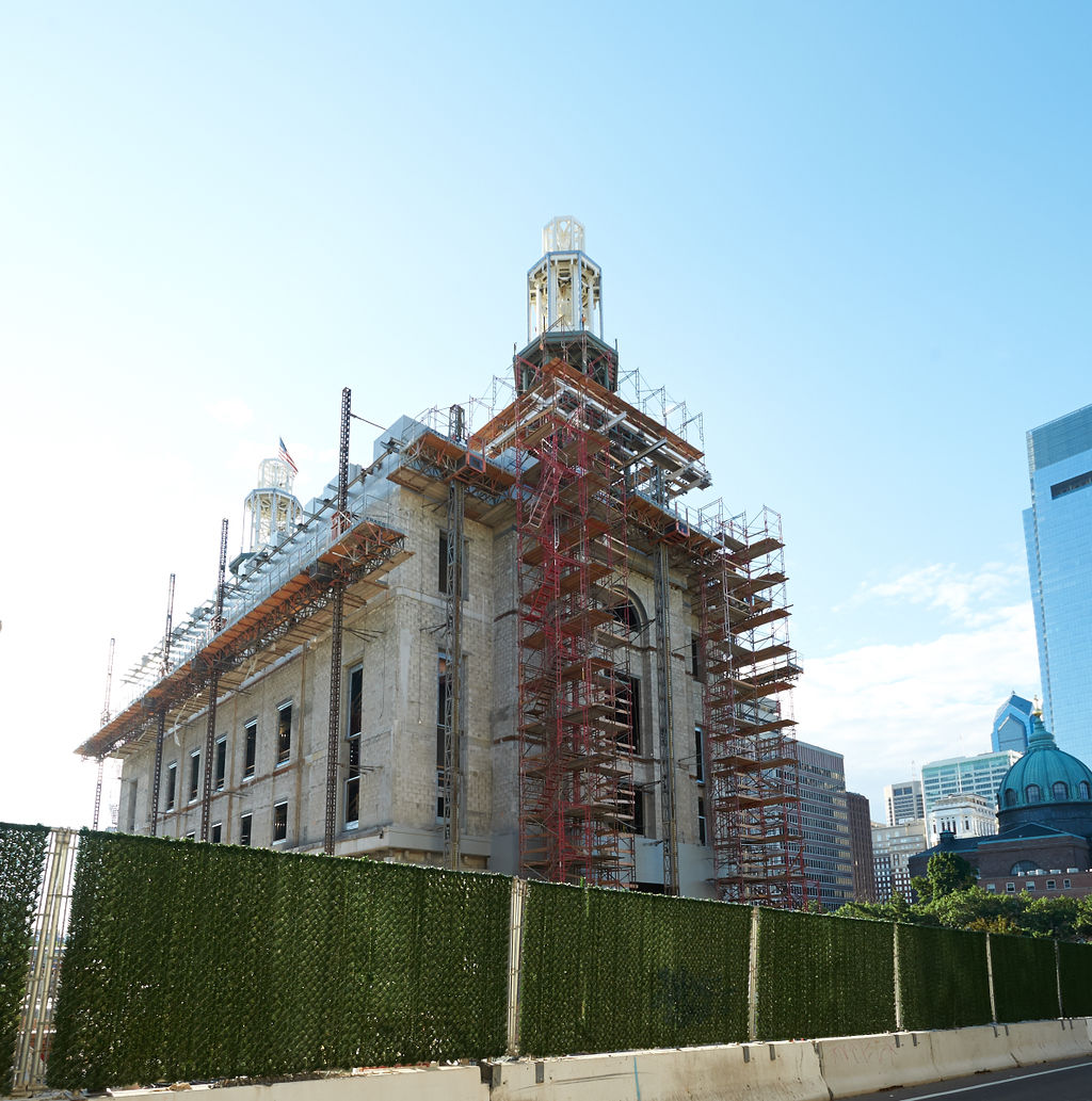 Finished mechanical room with insulated piping and valves at the Philadelphia Temple project
