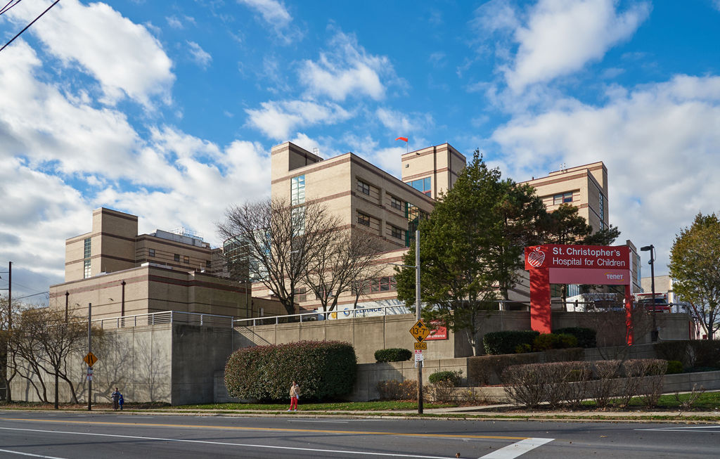 Construction crane and exterior work at St. Christopher’s Hospital addition