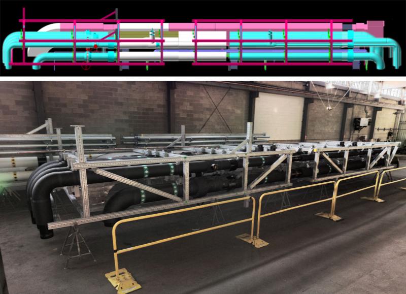 Prefabrication layout designed through BIM coordination by Herman Goldner Co., Inc. for modular mechanical construction.