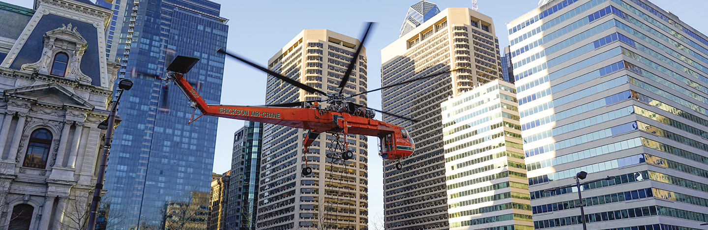 overview of a helicopter lift project in Center City Philadelphia, performed by Herman Goldner