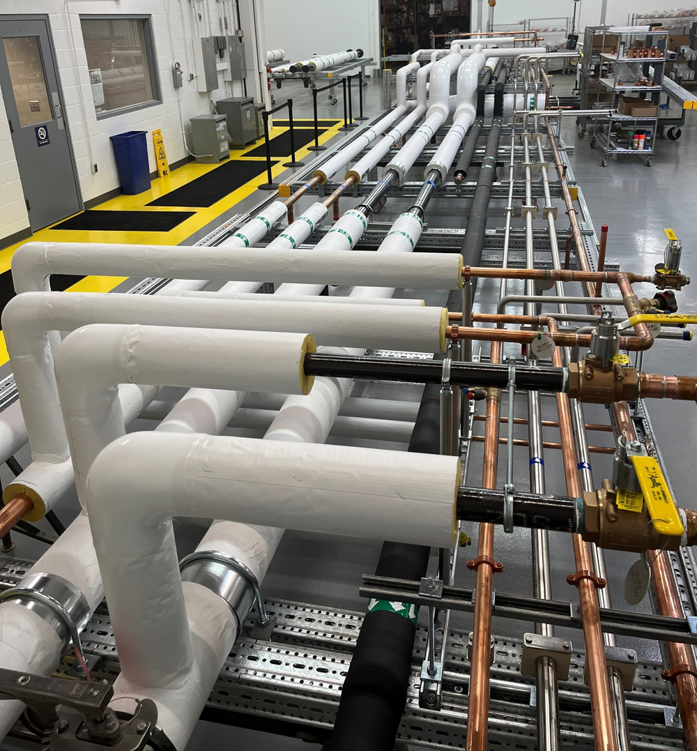 Prefabricated mechanical system racks at Herman Goldner Co., Inc. designed for efficient on-site installation.