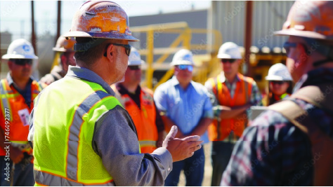 Herman Goldner Co., Inc. safety manager leading on-site safety meeting with construction crew at project site.