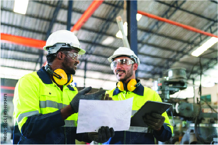 Herman Goldner Co., Inc. employees conducting weekly safety training and reviewing mechanical site plans.